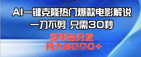 AI一键克隆热门爆款电影解说，一刀不剪，只需30秒，多平台分发，月入6k-云速度网创