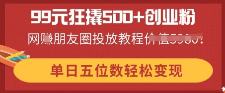 99元狂撬500+创业粉，单日五位数轻松变现，网创朋友圈投放教程-云速度网创