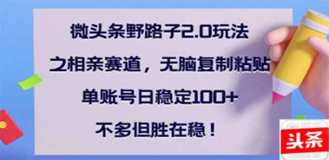 （14334期）微头条野路子2.0玩法之相亲赛道，无脑搬砖复制粘贴，单账号日稳定300+…-云速度网创
