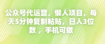 公众号代运营，懒人项目，每天5分钟复制粘贴，日入3位数 ，手机可做-云速度网创